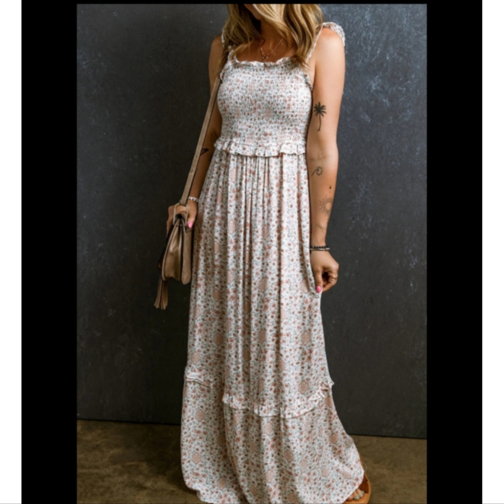 Smocked Floral Maxi Dress in Cream